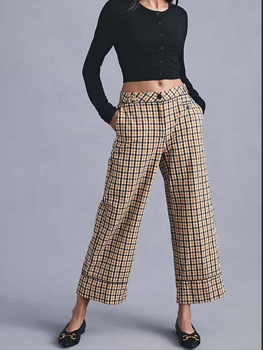 Anthropologie - Maeve Seersucker Plaid Wide-Leg Cropped Trousers Size 00 EUC